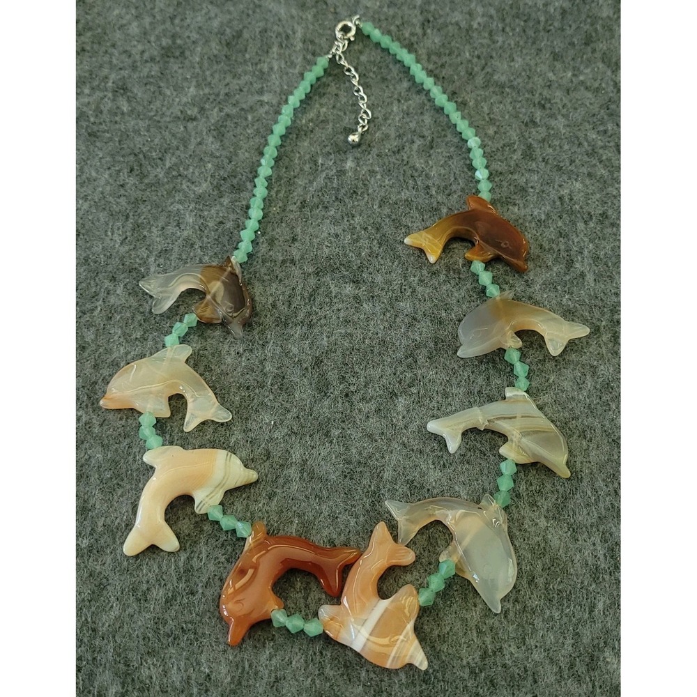 Gemstone Dolphin Fetish Necklace 16" Carnelian Agate Quartz